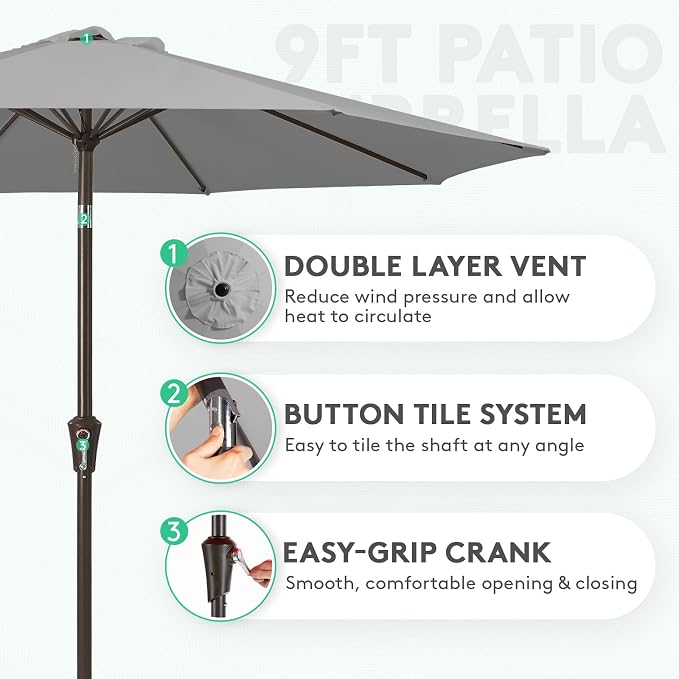 JEAREY 9FT Outdoor Patio Umbrella, Market Umbrella, Light Gray | Outdoor Table - Image 2