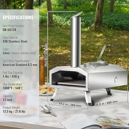 VEVOR Dual Fuel Pizza Oven Outdoor, 12 Inch Wood Fire & Propane Gas Pizza Oven, Pellet & Propane Pizza Maker with Thermometer, Foldable Leg, Stainless Steel Pizza Cook for Outside Camping & Backyard