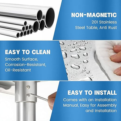 Stainless Steel Table for Prep & Work with Backsplash 24 x 30 Inches NSF Metal Commercial Kitchen Adjustable Under Shelf Worktable for Restaurant Home Outdoor
