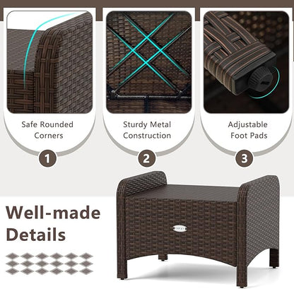 Tangkula 2 Pieces Outdoor Patio PE Wicker Ottomans with Removable Cushions, Outdoor Furniture for Additional Seating, Footrest and Side Table, Outdoor Footstools for Porch, Garden and Backyard