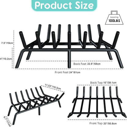 24-Inch Fireplace Grate, Heavy Duty 7-Bar Log Rack Holder Made of Solid Round Steel for Indoor/Outdoor Fire Pits, Wood Stoves & Kindling Tools