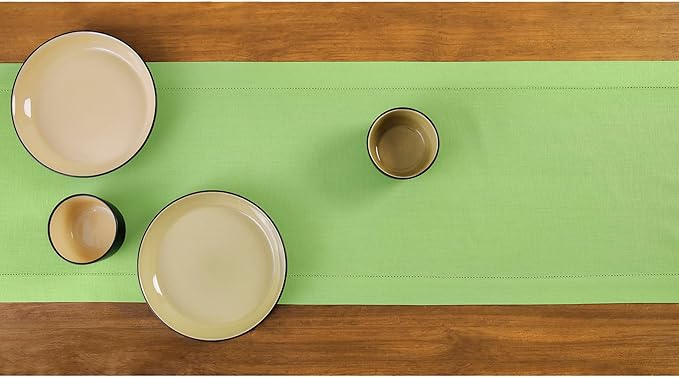 Solino Home Cotton Linen Table Runner 120 Inches Long - Hemstitch Apple Green Dining Table Runner 14 x 120 Inch for Spring, St Patricks Day, Easter