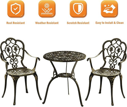 Patio Bistro Set of 2, Cast Aluminum, Outdoor Set w/Umbrella Hole, 3 Piece Table and Chairs Set, Bistro Set for Backyard/Garden/Lawn, Golden Bronze