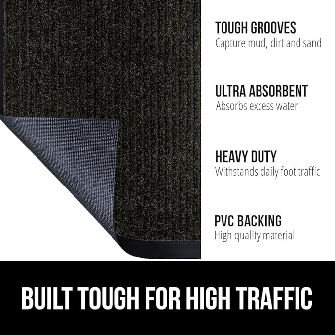 GORILLA GRIP Waterproof Traffic Guard Door Mat, Heavy Duty Entryway Mats, Strong Rubber Back Commercial Utility Rugs for Office Hallway, Garage Floor and Home, Low Profile Carpet Runner, 29x17, Black