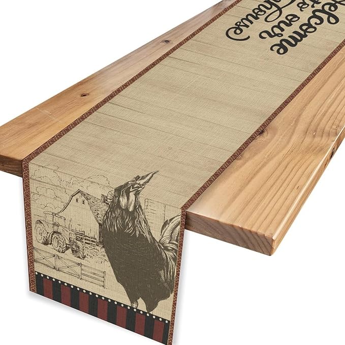 Rustic Farmhouse Table Runner, Vintage Barn Cottage Rooster Retro Farm Country Chicken Wooden Plank Coffee Table Center Decor for Home Kitchen Dining Patio Holiday Party Table Decorations 13"x108"