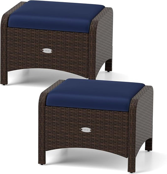 Tangkula 2 Pieces Outdoor Patio PE Wicker Ottomans with Removable Cushions, Outdoor Furniture for Additional Seating, Footrest and Side Table, Outdoor Footstools for Porch, Garden and Backyard