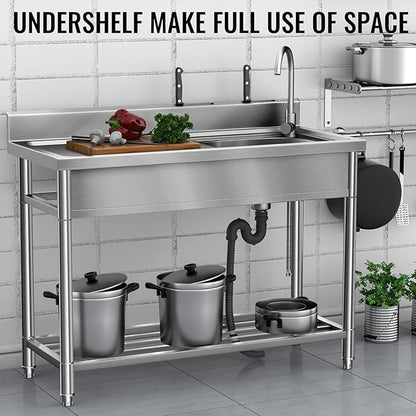 Stainless Steel Sink, Free Standing Kitchen Sink with Countertop Workstation, Utility Sink Single Bowl with Cold and Hot Water Pipe for Kitch Laundry Room Garage Farmhouse Indoor Outdoor (39 Inch)