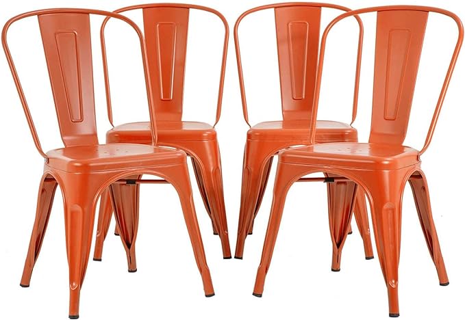 FDW | Set of 4 Metal Dining Chairs | Orange | Stackable Tolix Side Chairs by FDW