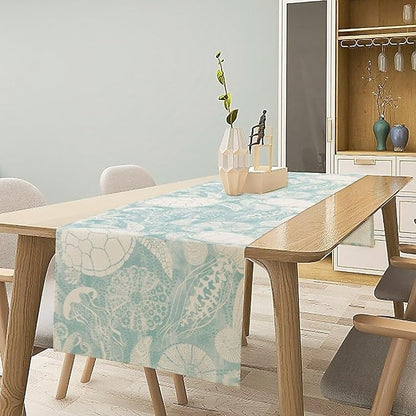 Marine Sea Turtle Table Runner, Ocean Beach Coral Starfish Seashell Table Runner for Kitchen Dining Wedding Party Banquet 13x90in