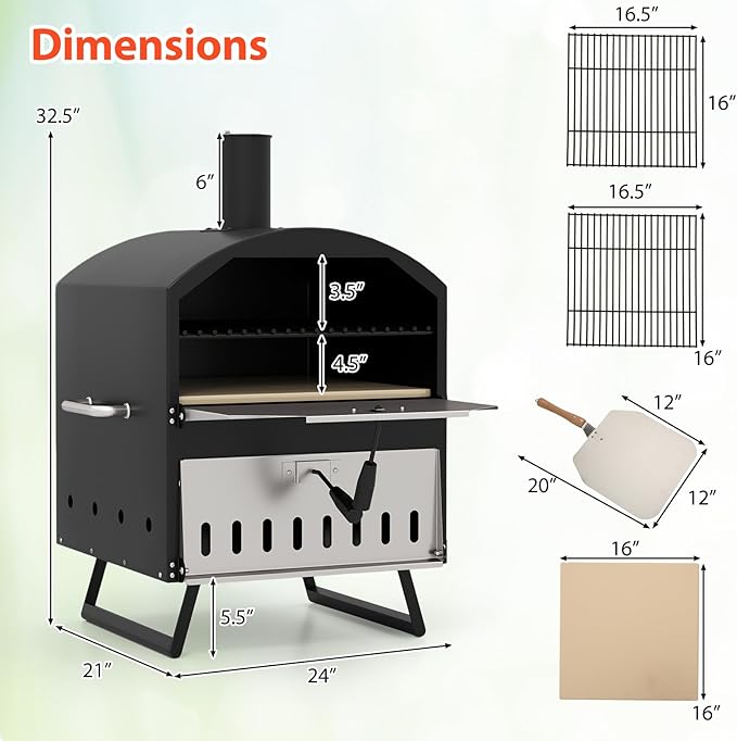 Happygrill Pizza Oven Outdoor, 16” 2-Layer Wood Fired Pizza Maker with Stone, Peel & Grill Racks, Portable Burning Stove with Folding Legs and Cover for Camping Patio Backyard BBQ