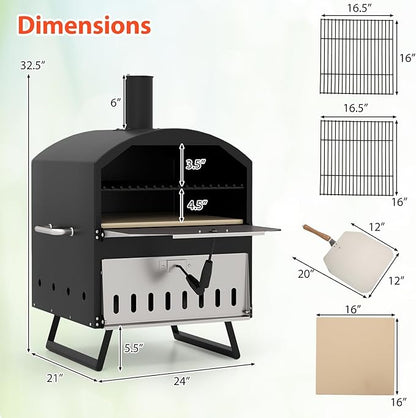 Happygrill Pizza Oven Outdoor, 16” 2-Layer Wood Fired Pizza Maker with Stone, Peel & Grill Racks, Portable Burning Stove with Folding Legs and Cover for Camping Patio Backyard BBQ
