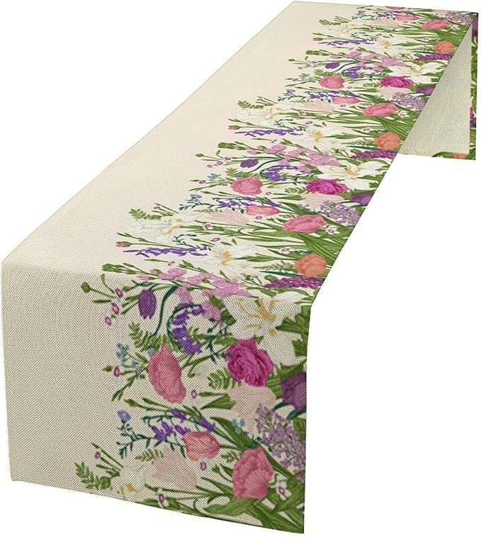 Floral Table Runner,Watercolor Spring Summer Seasons Pink Purple Flowers Table Decoration for Wedding Holiday Indoor Outdoor Home Party 13x108in
