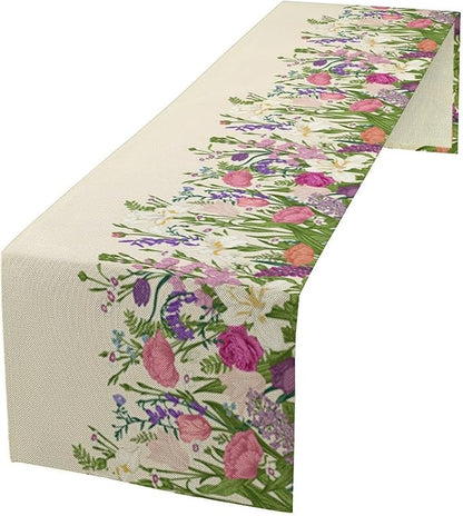 Floral Table Runner,Watercolor Spring Summer Seasons Pink Purple Flowers Table Decoration for Wedding Holiday Indoor Outdoor Home Party 13x108in