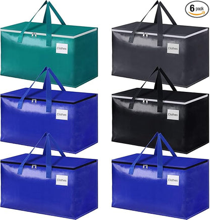 StorageRight Moving Bags-Heavy Duty Moving Boxes, Storage Totes with Zipper, Reinforced Handles and Tag Pocket-Collapsible Moving Supplies for moving, Storage and Travel 93L(Four Colors-6 Pack)