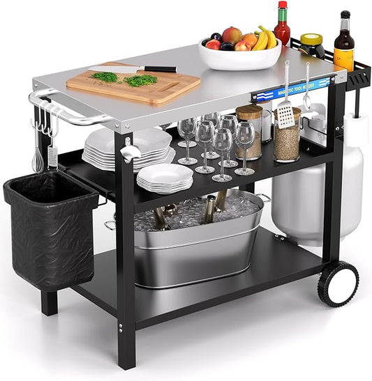 Grill Table, Stainless Steel Grill Cart with Three-Shelf, Movable Pizza Oven Table with Side Tray ＆ Trash Bag Holder, Outdoor Grill Stand with Hooks for Food Prep, Outside Tailgating, Camping