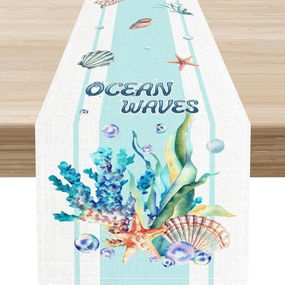Nautical Coastal Table Runners, Blue Starfish Seashell Coral Summer Watercolor Undersea Ocean Waves Beach Table Center Decor for Holiday Party Kitchen Outdoor Farmhouse Table Decorations, 13" X 72"