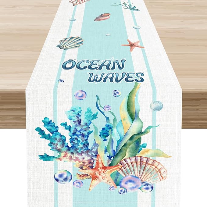 Nautical Coastal Table Runners, Blue Starfish Seashell Coral Summer Watercolor Undersea Ocean Waves Beach Table Center Decor for Holiday Party Kitchen Outdoor Farmhouse Table Decorations, 13" X 108"
