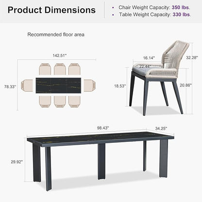 PURPLE LEAF 9 Pieces Patio Dining Set Aluminum Rectangular Table and Wicker Chairs with Cushions for Kitchen Porch Garden Modern Outdoor Furniture Sets, Dark Grey