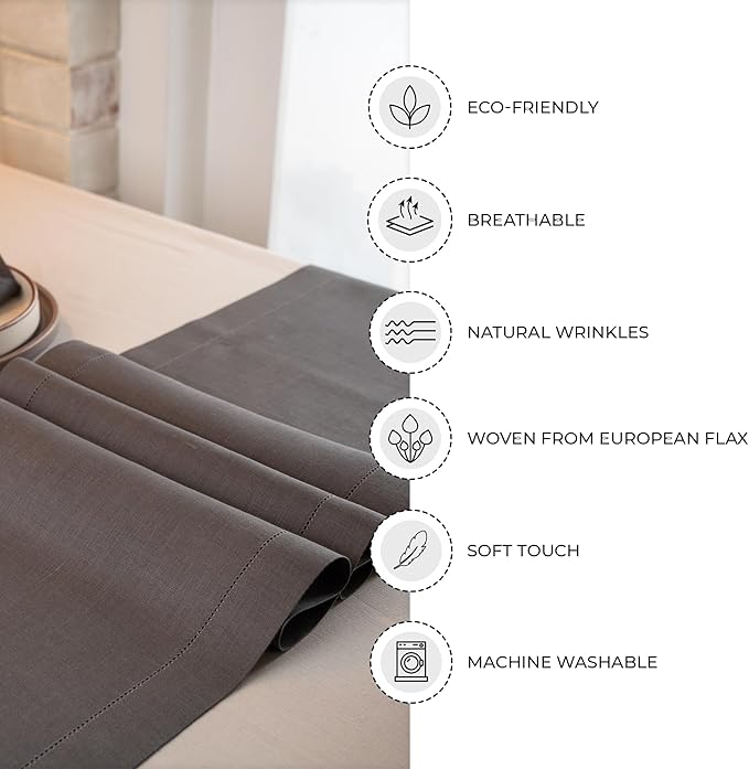 D'Moksha Homes Linen Charcoal Grey Table Runner 60 Inches - Classic Hemstitch, 100% Pure Linen Coffee Table Runner 14 x 60 Inch Ideal for Dresser Tables - Spring, Easter