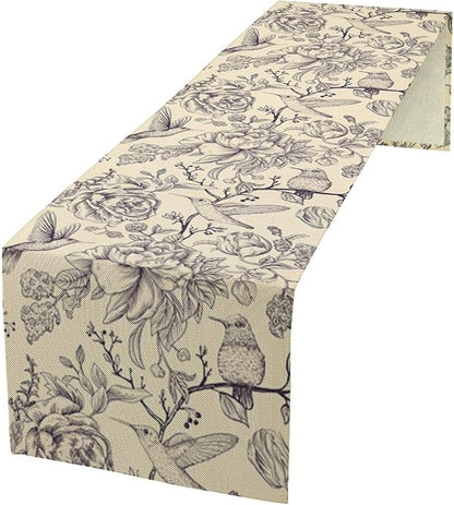 Retro Floral Bird Table Runner,Vintage Boho Rose Flower Birds Table Runner for Kitchen Dining Table Holiday Farmhouse Home Party Decor 13x70in