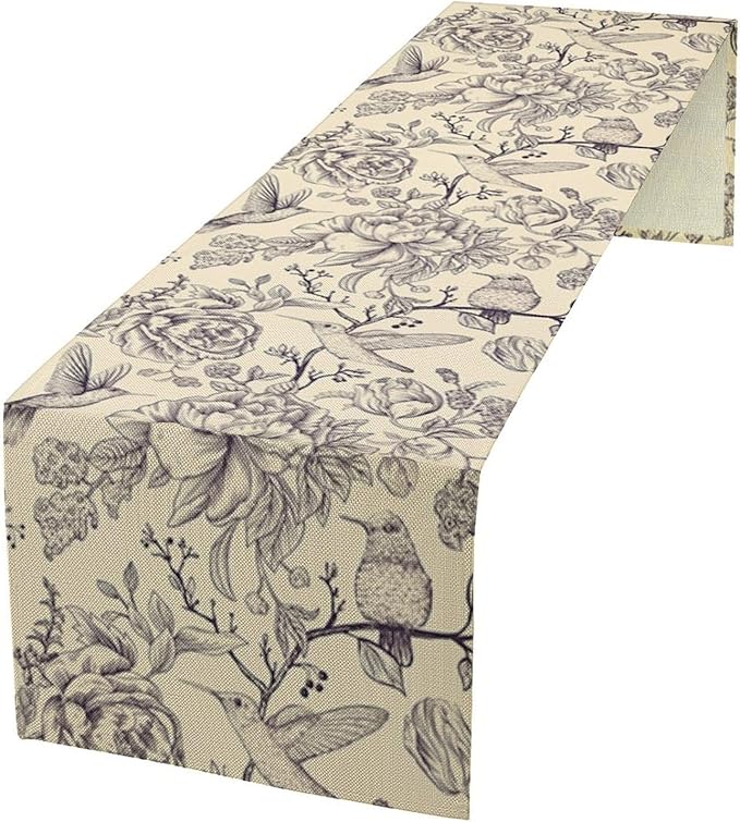 Retro Floral Bird Table Runner,Vintage Boho Rose Flower Birds Table Runner for Kitchen Dining Table Holiday Farmhouse Home Party Decor 13x90in