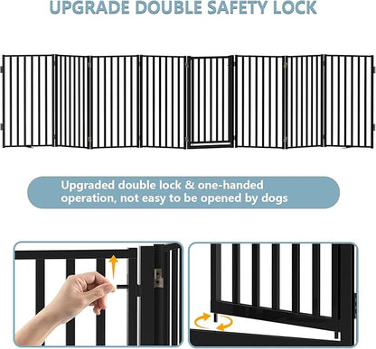 Full Metal Freestanding Dog Gates with Door, 32" Height Dog Fences for Indoor & Outdoor, Extra Wide Foldable Pet Gates for Stairs, Hallways, Doorways, Yard (8 Panels, 160" W × 32" H)