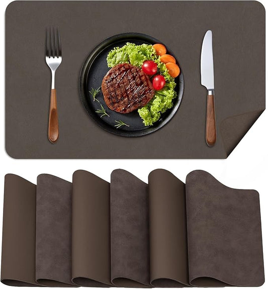 BLESWIN Faux Leather Placemats, Set of 6, 12×17 Inch -Double Side Texture Color Table Mats, Heat-Resistant, Waterproof and Oil-Resistant, Suitable for Dining Room, Kitchen, Party, Outdoor - Dark Brown