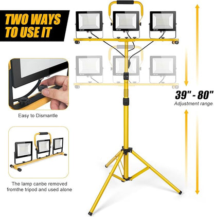 21000Lumen LED Work Lights with Stand - 3 Head Portable Work Light on Stand - IP66 Waterproof Tripod Worklights for Outdoor Indoor Job Site Workshop Garage Construction Site Lighting