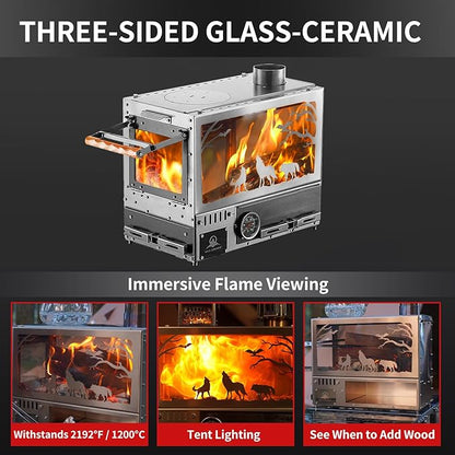 Heavy Duty M8 Wood Burning Stove with Oven, 2100 Cu In Large Firebox, 4 Air Inlets, Stainless Steel, Foldable Base & Ash Drawer, 6-Piece Chimney Pipe Kit for Outdoor Cooking, Camping, Off-Grid
