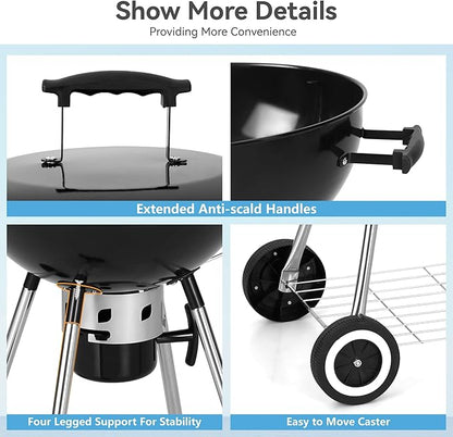 GREEN PARTY 18 inch Kettle Charcoal BBQ Grill with Wheels, Portable Charcoal Grill with Porcelain-Enameled Lid & Ash Catcher for Outdoor Cooking Barbecue Camping Picnics Tailgating, Black