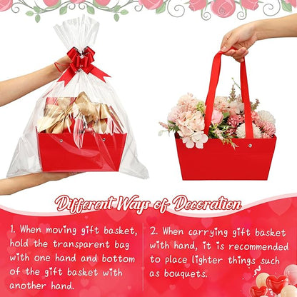 PerKoop 24 Pack Baskets for Gifts Empty Bulk 6.5 x 9.8'' Thick Kraft Gift Basket with Bows and Bags Empty Gift Baskets for Valentine's Day Easter Birthdays Wedding Snacks Farmers Market(Red)