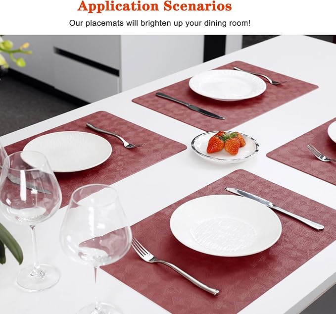 Vinyl Placemats Set of 4 Heat Resistant Easy Clean Non-Slip Place Mats for Dining Table. Faux Leather Waterproof Stain Resistant Wipeable Washable PU Table Mats(4, Red)