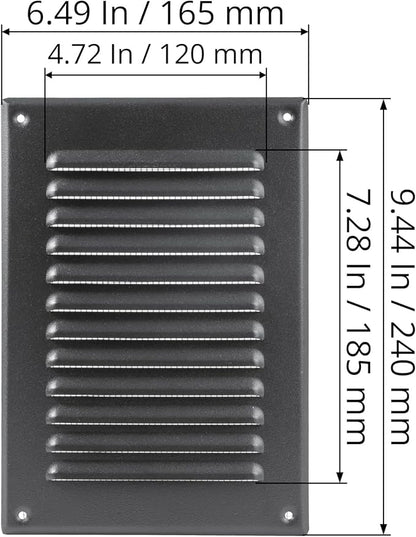 Square Ventilation Grille / 5" x 7" Inch Inside Measurement/Black Metal Air Vent Louver - Inside/Outside use / 6.5" x 9.5" Inch Outer Measurement