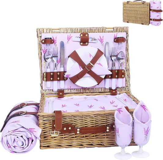 Neti Neti Wicker Picnic Basket for 4 with Insulated Cooler & Waterproof Blanket – Large Willow Picnic Hamper for Outdoor, Camping, Beach, Romantic Dates, Valentine’s Day