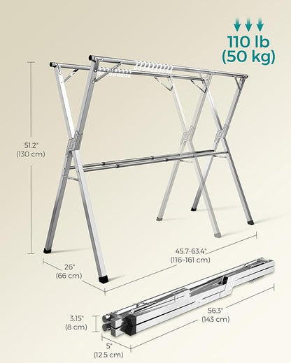 SONGMICS Clothes Drying Rack, Heavy-Duty Laundry Drying Rack, 45.7-63.4 Inches Extendable, Foldable Freestanding Airer, Stainless Steel, for Indoor Outdoor Use, Dove Gray ULLR901E01