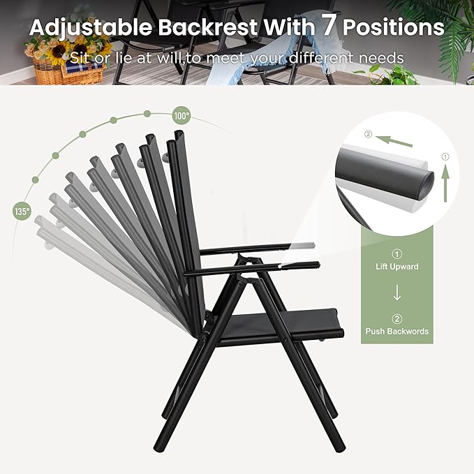 PHI VILLA 7 Piece Patio Dining Set with Outdoor Table and Chairs, Outdoor Dining Table Set for 6 with Adjustable Foldable Patio Chairs & Metal Steel Table for Garden, Black
