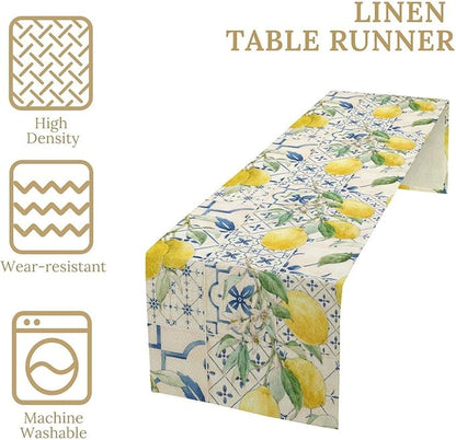 Vintage Lemon Table Runner, Watercolor Yellow Lemons Blue Tiles Spring Summer Seasonal Kitchen Dining Table Decoration for Indoor Outdoor Party, 13x108inch