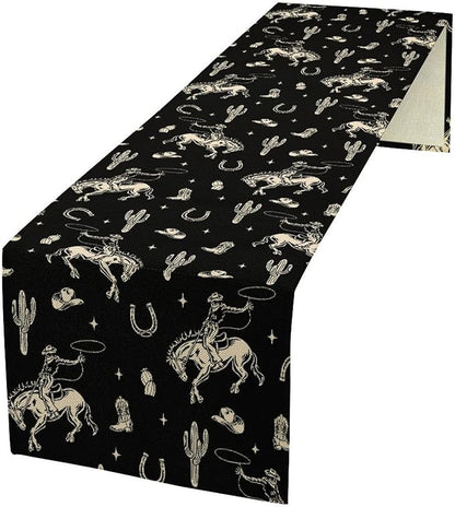 Vintage Western Cowboy Table Runner, Wild West Cowboy Riding Horse Desert Cactus Themed Table Runner for Home Kitchen Dining Party Farmhouse Cafe Outdoor 13x60in