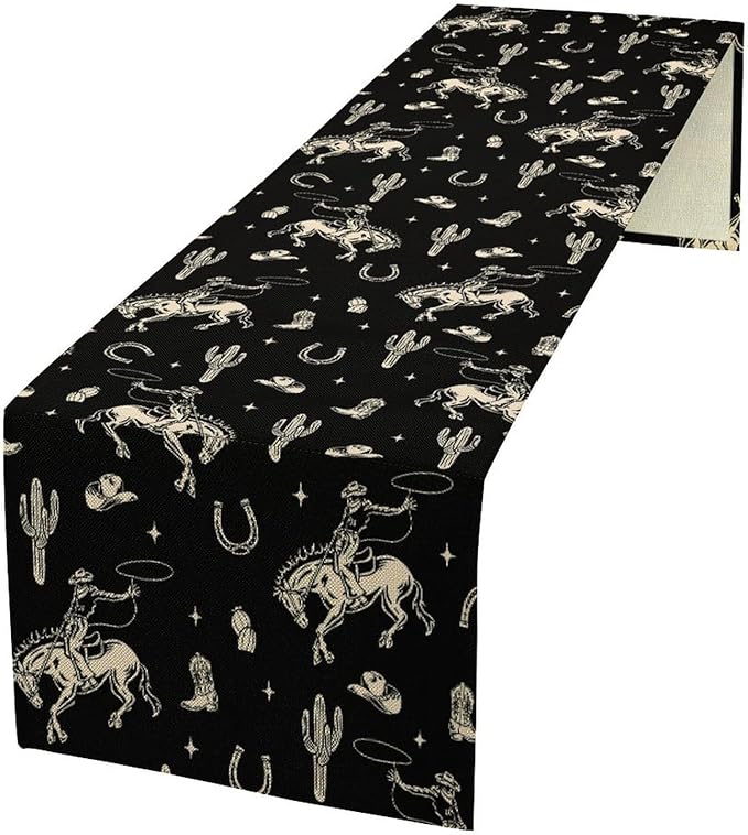 Vintage Western Cowboy Table Runner, Wild West Cowboy Riding Horse Desert Cactus Themed Table Runner for Home Kitchen Dining Party Farmhouse Cafe Outdoor 13x70in