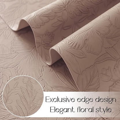 Romanstile Vinyl Placemats Set of 6-12 X 18 Inch - Heat Resistant Non-Slip Embossed Floral Place Mats 100% Waterproof Oilproof Wipeable Faux Leather Table Mats for Kitchen/Dining/Party, Khaki