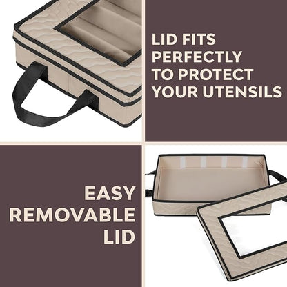 Flatware Storage Case - Durable 5 Compartment Silverware Storage Container Box with Removable Lid and Easy to Carry Handles - Large Capacity Keeps Your Cutlery Organized & Protected - Brown