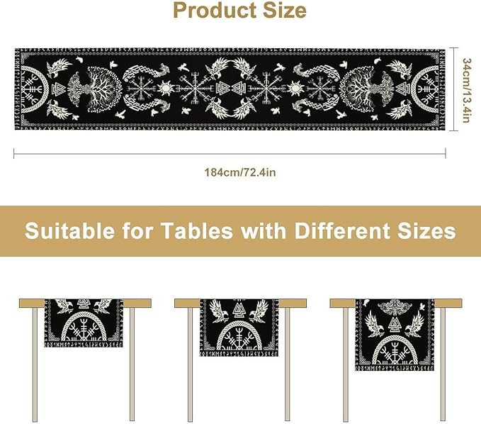 Viking Table Runner, Black Viking Tree of Life Raven Helmet of Awe Table Runner for Kitchen Dining Home Party 13x108in
