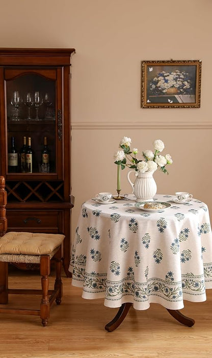 ISAENNE Designer White Linen Round Tablecloth,Chinoiserie Floral Elegant Indoor Table Cloth,Fall Stain Proof Decor Tablecloths for Dining Thanksgiving Kitchen,Diameter 67"-Mosella F