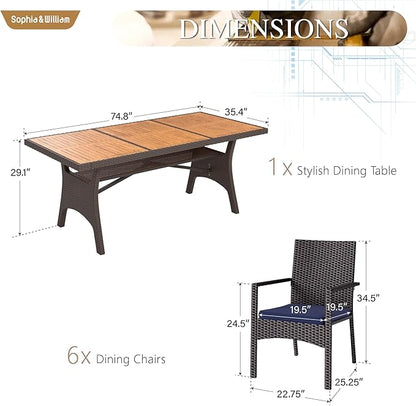 Sophia & William 7 Piece Patio Dining Set, Patio Table and Chairs Set Outdoor Dining Set for 6, Acacia Wood Patio Dining Table Set with PE Rattan Wicker Chairs for Garden, Porch, Backyard