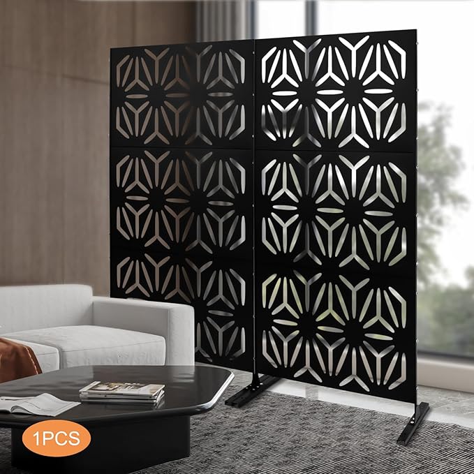 75" H×35" W Decorative Outdoor Privacy Screen with Stand, Outdoor Decor Privacy Fence Screen Metal Fence Panels, Free Standing Metal Divider for Patio Lawn Deck (Black-Flower)