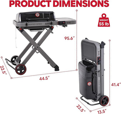 Portable Propane Gas Grill with Folding Cart & 13000 BTUs Burner, 360 Sq. In. Cast Iron Cooking Grates, Side Table, 8" Wheels, Stainless Grease Tray for Outdoor BBQ, Camping & Tailgating, Black