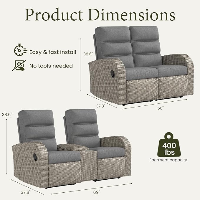 Oversized 2 Pieces Wicker Outdoor Recliner Loveseat - Image 2