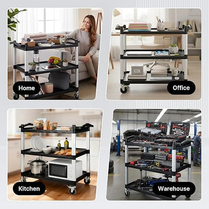 NorthSky Select Dual-Handle Utility Cart, 3 Shelves, 440 lb. Cap - Plastic Shelves, Swivel Casters - Ideal for Office, Garage, Janitorial Transport & Storage