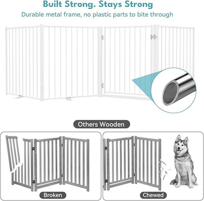 No Pawblems Free Standing Dog Gate with Door, 36'' Tall Foldable Dog Fence for Indoor & Outdoor, Up to 78 Inch Extra Wide Puppy Gate for Stairs, Hallways, Doorways, Deck, Yard (White, 3 Panels)