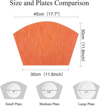 SHACOS Small Round Table Placemats Set of 4 Wedge Placemats Heat Resistant Woven Vinyl Table Mats Wipe Clean (4, Orange)